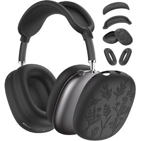 [4 in 1] Flower Engraved Silicone Case Cover for AirPods Max USB-C (2024), Anti-Scratch Sweat-Proof Ear Pad Case Cover/Ear Cups Cover/Headband Cover Accessories for AirPods Max Headphones (Stone)