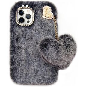 Losin Compatible with iPhone 15 Pro Max Plush Furry Case with Bling Diamond Camera Protection Women Girls Cute Case with 3D Heart Pendant Soft TPU Shockproof Protective Cover, Rose Pink in Kuwait