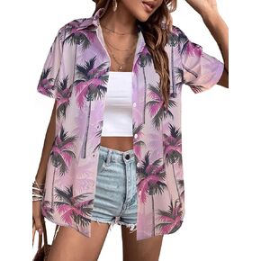 Hawaiian Button Up Shirts Women Floral Palm Trees Graphic Tees Hawaii Vacation Beach Short Sleeve Blouse Tops