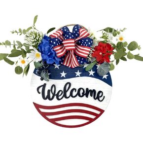 Idyllic Hello Sign Wreath 4th of July Wreath Patriotic Wreath for Front Door, 16" Red White and Blue Flower Wooden Sign Wreath for Memorial Day Independence Day Decoration