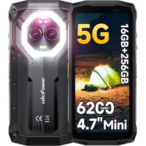 Ulefone Armor Mini 20T Pro with Thermal Imaging 5G Rugged Phone Unlocked, 16GB+256GB 6200mAh, 50MP+32MP Camera, 4.7" Android 14 Smartphone, Versatile LED Light IP68/IP69K Dual SIM NFC GPS IR Blaster