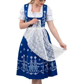 3 Piece Long Blue Women's Bavarian Dirndl Dress for German Oktoberfest