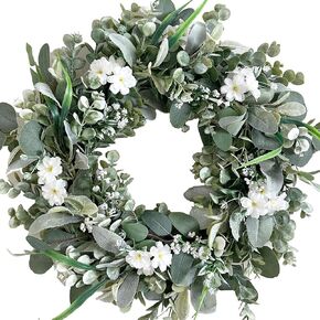 20 Inch Spring Everyday Lamb Ear Green Leaves Wreath for Front Door, Artificial Boxwood Leaves White Wild Flower Wreath for Indoor Outdoor, Welcome Wood Sign Flower Wreath