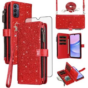 Asuwish Phone Case for Samsung Galaxy A15 5G/4G Wallet Accessories Stand Cell Cover with Tempered Glass Screen Protector Strap Bling Glitter Zipper Flip Credit Card Holder A 15 G5 15A Women Rose Gold