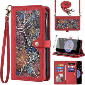 Asuwish Phone Case for Samsung Galaxy S9 Plus Wallet Cover with Screen Protector and Crossbody Wrist Strap Leather Flip Pattern Zipper Credit Card Holder Stand Cell S9+ 9S 9+ S 9 9plus S9plus Blue