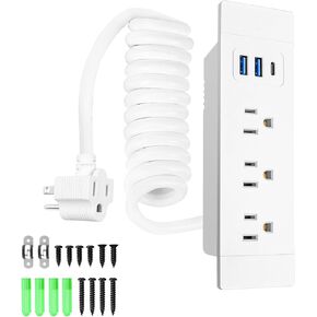 Recessed Furniture Power Strip,Mounted Furniture Drawer Outlet with Outlet Extender - 5FT Power Cord with Spring Cable, UL Listed for Safe & Tidy Drawer Installation(White)