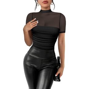 Women's Mesh Sexy Mock TurtleNeck Bodysuits Short Sleeve Ruched Sheer Body suit Summer Trendy Going Out Tops