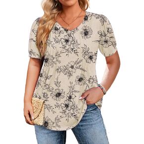 IN'VOLAND Plus Size Tops for Women Summer Puff Short Sleeve Tunic Pleated V Neck Shirts Casual Floral Solid Blouse in Kuwait