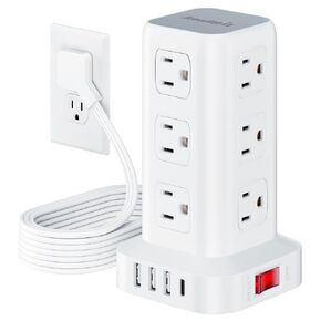 Power Strip Surge Protector, 6.5FT Ultra Thin Flat Plug Extension Cord with 12 AC Multiple Outlets 4 USB (1 USB C), Power Strip Tower Desktop Charging Station for Sofas, Beds, Home Office