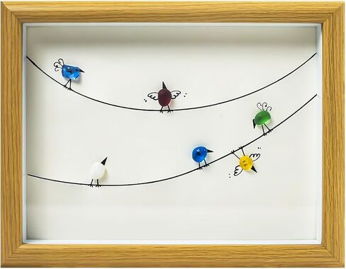 Litepedia Sea Glass Art ديكور الحائط مع إطار خشبي - 6 طيور زجاجية بحرية ملونة على الحجر، إطار صور فني للطيور الزجاجية البحرية للمكتب أو الجدار، مثالي لدراسة غرفة المعيشة وغرفة النوم in Saudi Arabia