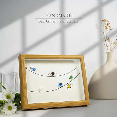 Litepedia Sea Glass Art ديكور الحائط مع إطار خشبي - 6 طيور زجاجية بحرية ملونة على الحجر، إطار صور فني للطيور الزجاجية البحرية للمكتب أو الجدار، مثالي لدراسة غرفة المعيشة وغرفة النوم in Saudi Arabia