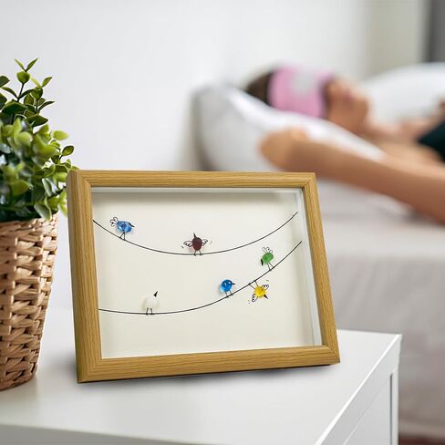 Litepedia Sea Glass Art ديكور الحائط مع إطار خشبي - 6 طيور زجاجية بحرية ملونة على الحجر، إطار صور فني للطيور الزجاجية البحرية للمكتب أو الجدار، مثالي لدراسة غرفة المعيشة وغرفة النوم in Saudi Arabia