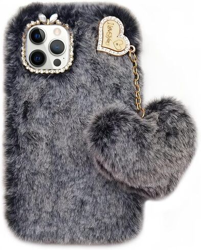 Losin Compatible with iPhone 15 Pro Max Plush Furry Case with Bling Diamond Camera Protection Women Girls Cute Case with 3D Heart Pendant Soft TPU Shockproof Protective Cover, Rose Pink in Kuwait