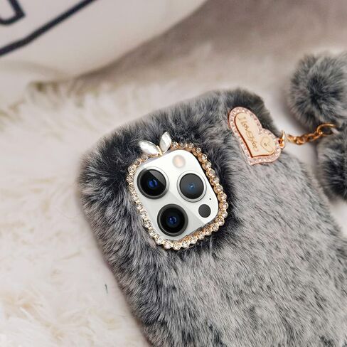 Losin Compatible with iPhone 15 Pro Max Plush Furry Case with Bling Diamond Camera Protection Women Girls Cute Case with 3D Heart Pendant Soft TPU Shockproof Protective Cover, Rose Pink in Kuwait