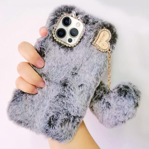 Losin Compatible with iPhone 15 Pro Max Plush Furry Case with Bling Diamond Camera Protection Women Girls Cute Case with 3D Heart Pendant Soft TPU Shockproof Protective Cover, Rose Pink in Kuwait