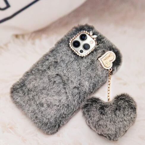 Losin Compatible with iPhone 15 Pro Max Plush Furry Case with Bling Diamond Camera Protection Women Girls Cute Case with 3D Heart Pendant Soft TPU Shockproof Protective Cover, Rose Pink in Kuwait