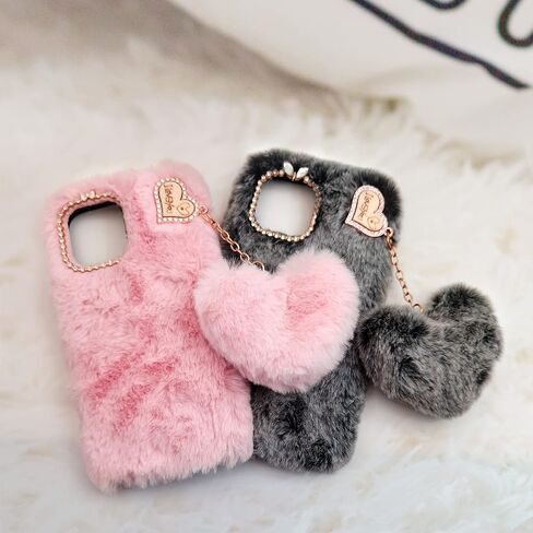 Losin Compatible with iPhone 15 Pro Max Plush Furry Case with Bling Diamond Camera Protection Women Girls Cute Case with 3D Heart Pendant Soft TPU Shockproof Protective Cover, Rose Pink in Kuwait