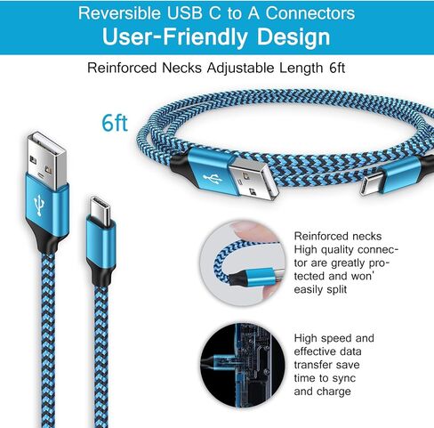 [6ft ، 2 Pack] Android Fast Charging Cable C Cort Cord Cord USB A TO TYPE C COMPLING COLLOR LING WIRES لـ SAMSUNG GALAXY S24 FE ULTRA/S22/S23/S21/S20/S25+/S25 ULTRA/S25 ، Google Pixel 9/8A /7 ، iPhone 16 15 in Kuwait