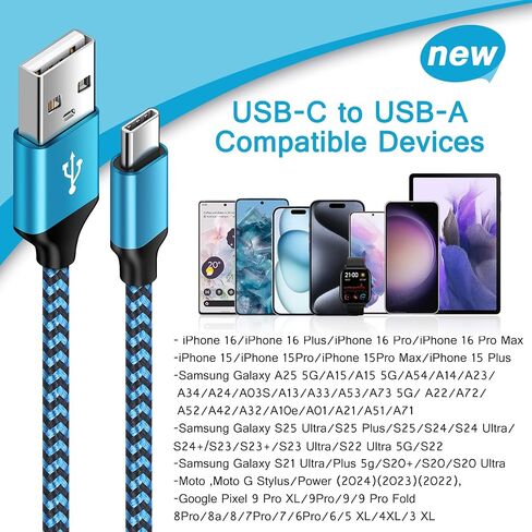 [6ft ، 2 Pack] Android Fast Charging Cable C Cort Cord Cord USB A TO TYPE C COMPLING COLLOR LING WIRES لـ SAMSUNG GALAXY S24 FE ULTRA/S22/S23/S21/S20/S25+/S25 ULTRA/S25 ، Google Pixel 9/8A /7 ، iPhone 16 15 in Kuwait