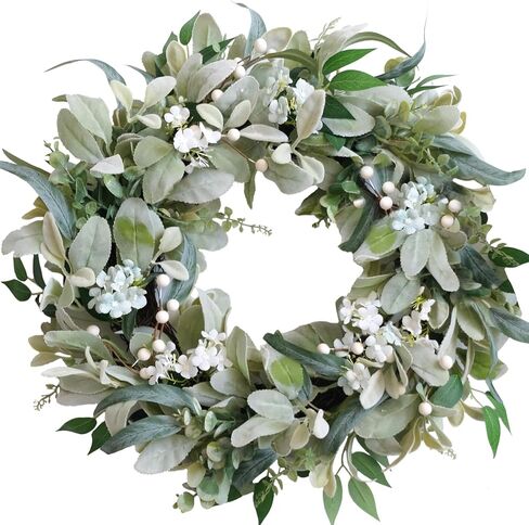 20 Inch Spring Everyday Lamb Ear Green Leaves Wreath for Front Door, Artificial Boxwood Leaves White Wild Flower Wreath for Indoor Outdoor, Welcome Wood Sign Flower Wreath in Saudi Arabia