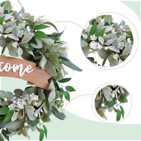 20 Inch Spring Everyday Lamb Ear Green Leaves Wreath for Front Door, Artificial Boxwood Leaves White Wild Flower Wreath for Indoor Outdoor, Welcome Wood Sign Flower Wreath in Saudi Arabia