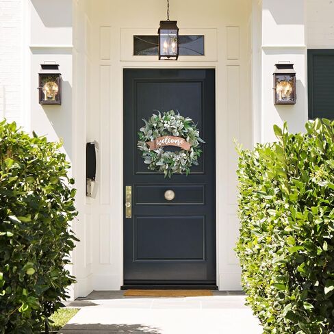 20 Inch Spring Everyday Lamb Ear Green Leaves Wreath for Front Door, Artificial Boxwood Leaves White Wild Flower Wreath for Indoor Outdoor, Welcome Wood Sign Flower Wreath in Saudi Arabia