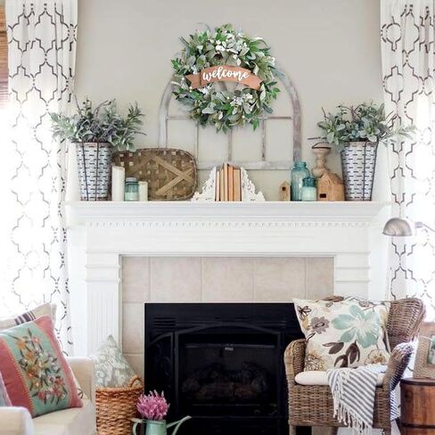20 Inch Spring Everyday Lamb Ear Green Leaves Wreath for Front Door, Artificial Boxwood Leaves White Wild Flower Wreath for Indoor Outdoor, Welcome Wood Sign Flower Wreath in Saudi Arabia