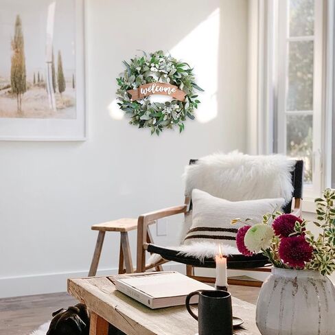 20 Inch Spring Everyday Lamb Ear Green Leaves Wreath for Front Door, Artificial Boxwood Leaves White Wild Flower Wreath for Indoor Outdoor, Welcome Wood Sign Flower Wreath in Saudi Arabia