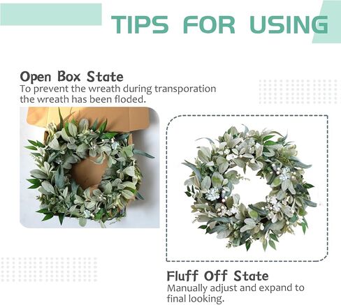 20 Inch Spring Everyday Lamb Ear Green Leaves Wreath for Front Door, Artificial Boxwood Leaves White Wild Flower Wreath for Indoor Outdoor, Welcome Wood Sign Flower Wreath in Saudi Arabia