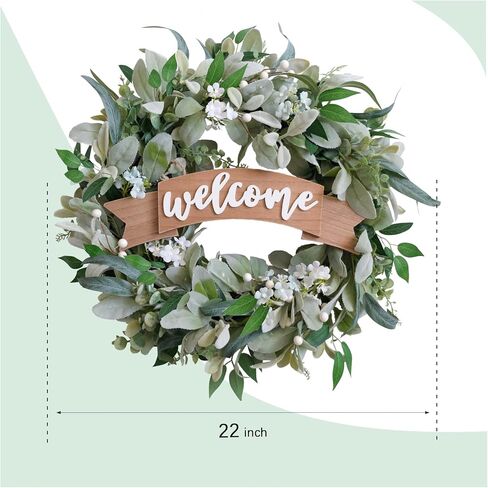 20 Inch Spring Everyday Lamb Ear Green Leaves Wreath for Front Door, Artificial Boxwood Leaves White Wild Flower Wreath for Indoor Outdoor, Welcome Wood Sign Flower Wreath in Saudi Arabia