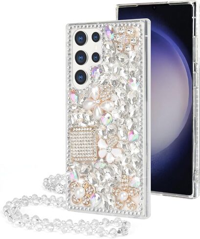 Losin Compatible with Galaxy S24 Ultra Bling Case Luxury 3D Diamond Crystal Rhinestone Shiny Gemstone and Flower Case for Women Girls Glitter Sparkle Chain Lanyard Strap, Pink in Kuwait