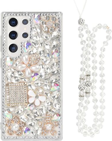 Losin Compatible with Galaxy S24 Ultra Bling Case Luxury 3D Diamond Crystal Rhinestone Shiny Gemstone and Flower Case for Women Girls Glitter Sparkle Chain Lanyard Strap, Pink in Kuwait