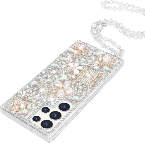 Losin Compatible with Galaxy S24 Ultra Bling Case Luxury 3D Diamond Crystal Rhinestone Shiny Gemstone and Flower Case for Women Girls Glitter Sparkle Chain Lanyard Strap, Pink in Kuwait