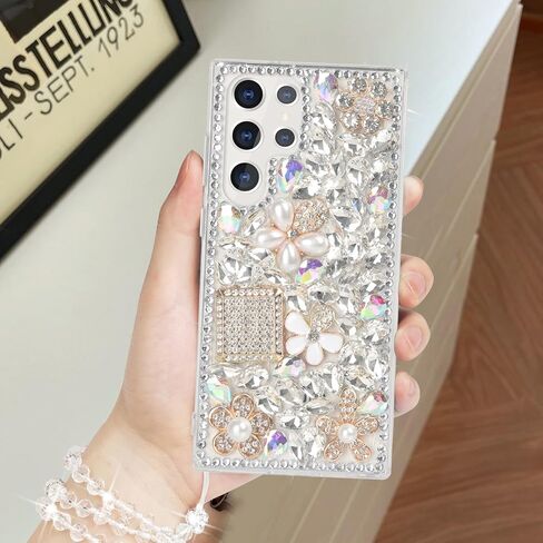 Losin Compatible with Galaxy S24 Ultra Bling Case Luxury 3D Diamond Crystal Rhinestone Shiny Gemstone and Flower Case for Women Girls Glitter Sparkle Chain Lanyard Strap, Pink in Kuwait