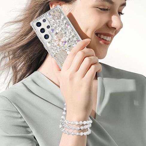 Losin Compatible with Galaxy S24 Ultra Bling Case Luxury 3D Diamond Crystal Rhinestone Shiny Gemstone and Flower Case for Women Girls Glitter Sparkle Chain Lanyard Strap, Pink in Kuwait