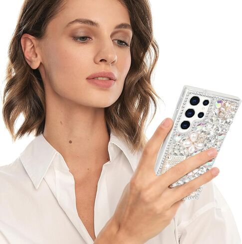 Losin Compatible with Galaxy S24 Ultra Bling Case Luxury 3D Diamond Crystal Rhinestone Shiny Gemstone and Flower Case for Women Girls Glitter Sparkle Chain Lanyard Strap, Pink in Kuwait
