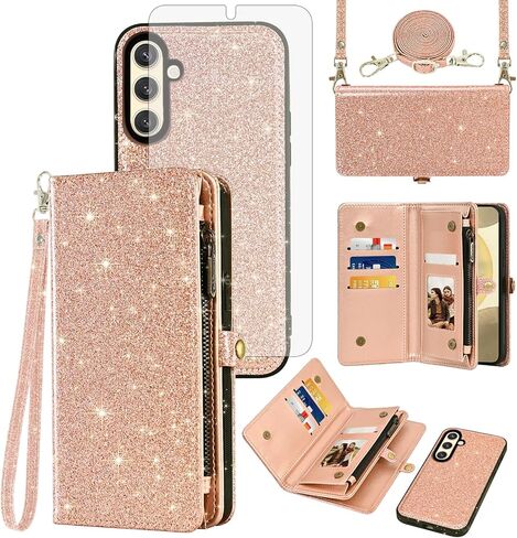 Asuwish Phone Case for Samsung Galaxy S24 5G Zipper Wallet Detachable Cell Cover with Tempered Glass Screen Protector Lanyard Wrist Strap Flip Credit Card Holder Slot S 24 24S G5 Women Men Black in Saudi Arabia