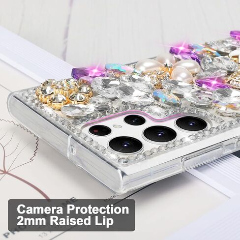Losin متوافق مع Galaxy S23 Ultra Bling Case for Women Girls Luxury 3D Sparkle Glitter Diamond Crystal Case Rhinestone Case Covement Gemstone Design Design Flower Cover ، Pink in Kuwait