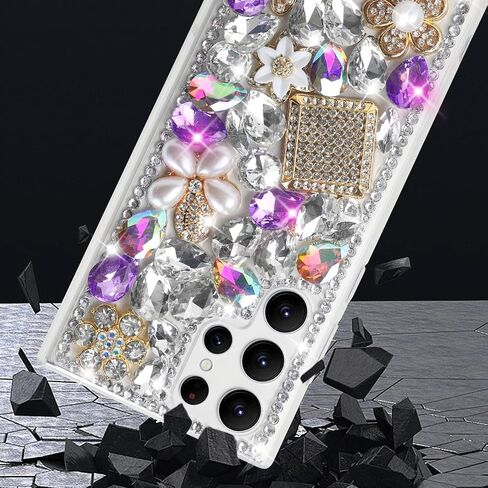 Losin متوافق مع Galaxy S23 Ultra Bling Case for Women Girls Luxury 3D Sparkle Glitter Diamond Crystal Case Rhinestone Case Covement Gemstone Design Design Flower Cover ، Pink in Kuwait