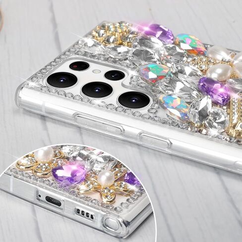 Losin متوافق مع Galaxy S23 Ultra Bling Case for Women Girls Luxury 3D Sparkle Glitter Diamond Crystal Case Rhinestone Case Covement Gemstone Design Design Flower Cover ، Pink in Kuwait