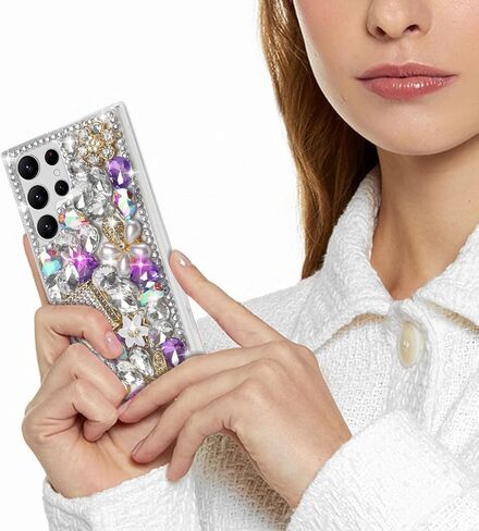 Losin متوافق مع Galaxy S23 Ultra Bling Case for Women Girls Luxury 3D Sparkle Glitter Diamond Crystal Case Rhinestone Case Covement Gemstone Design Design Flower Cover ، Pink in Kuwait