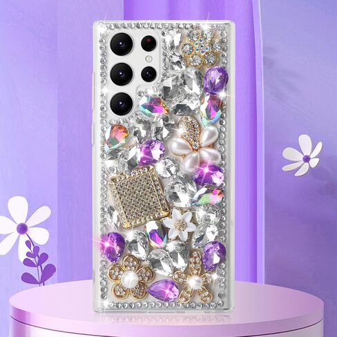 Losin متوافق مع Galaxy S23 Ultra Bling Case for Women Girls Luxury 3D Sparkle Glitter Diamond Crystal Case Rhinestone Case Covement Gemstone Design Design Flower Cover ، Pink in Kuwait