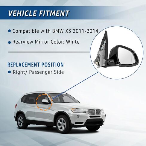 Passenger Side View Mirror Assembly Compatible with BMW X3 2011-2014, Black Right Rear Outside Exterior Mirrors w/Electric Foldable Heated Power Glass in Saudi Arabia