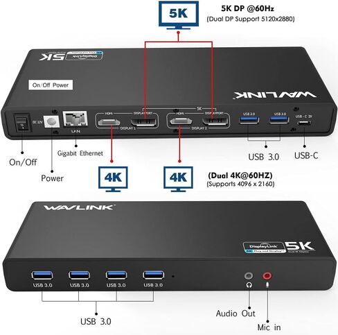 WAVLINK DisplayLink Laptop Docking Station - Dual Monitors 5K/4K@60Hz, 100W Charging - Thunderbolt 4/3, USB-C/A - M1 M2 Mac, Windows, Chrome, Ubuntu - 2HDMI, 2DP, 6 USB Ports, 130W Power, LAN, Audio in Kuwait