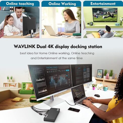WAVLINK DisplayLink Laptop Docking Station - Dual Monitors 5K/4K@60Hz, 100W Charging - Thunderbolt 4/3, USB-C/A - M1 M2 Mac, Windows, Chrome, Ubuntu - 2HDMI, 2DP, 6 USB Ports, 130W Power, LAN, Audio in Kuwait