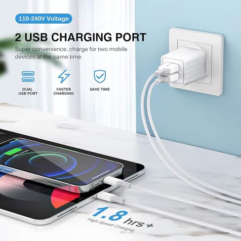 iPhone Charger 10ft, Fast iPhone Charger Dual 2Port USB Wall Charger Block Adapter Plug 2Pack & Long 10foot Fast Charging Nylon Braided Lightning Cable Cord for iPhone 14/13/12/11/XS/XR/8 Plus/SE iPad in Saudi Arabia
