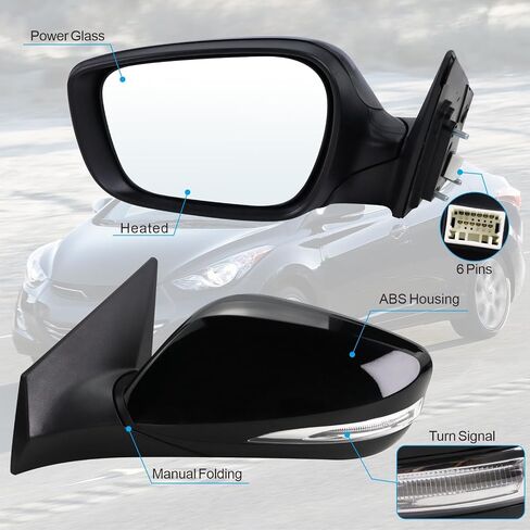 Right Passenger Side Mirror Compatible With 2011 2012 2013 Hyundai Elantra With Manual folding Power Glass Heated Black Replace#HY1321179(5Pins) in Kuwait