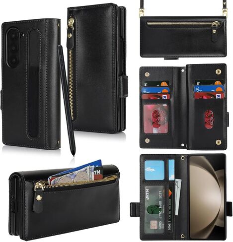 for Samsung Galaxy Z Fold 5 Case with S Pen Holder,Z Fold 5 Case Wallet with Card Holder and Strap Crossbody Lanyard,Leather Shockproof Zipper Pocket Flip Phone Case-Rose Gold in Kuwait