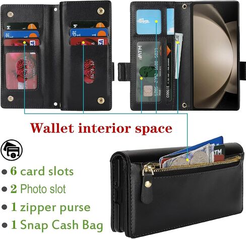 for Samsung Galaxy Z Fold 5 Case with S Pen Holder,Z Fold 5 Case Wallet with Card Holder and Strap Crossbody Lanyard,Leather Shockproof Zipper Pocket Flip Phone Case-Rose Gold in Kuwait