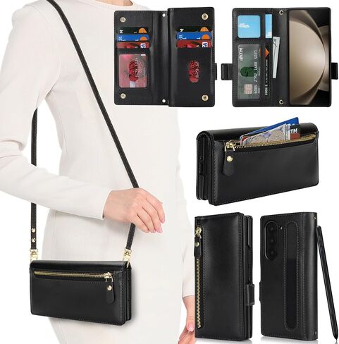 for Samsung Galaxy Z Fold 5 Case with S Pen Holder,Z Fold 5 Case Wallet with Card Holder and Strap Crossbody Lanyard,Leather Shockproof Zipper Pocket Flip Phone Case-Rose Gold in Kuwait